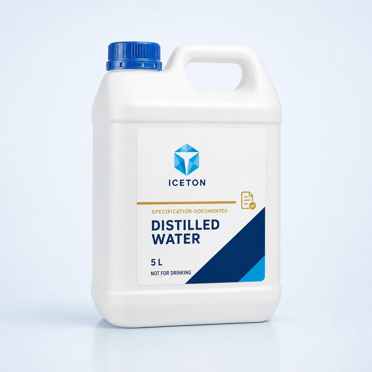 مياه مقطرة بوثيقة مواصفة — عبوة موثقة المواصفة سعة 5 لتر من HDPE عالي التحمل، مع وسم استخدام غير مخصص للشرب.