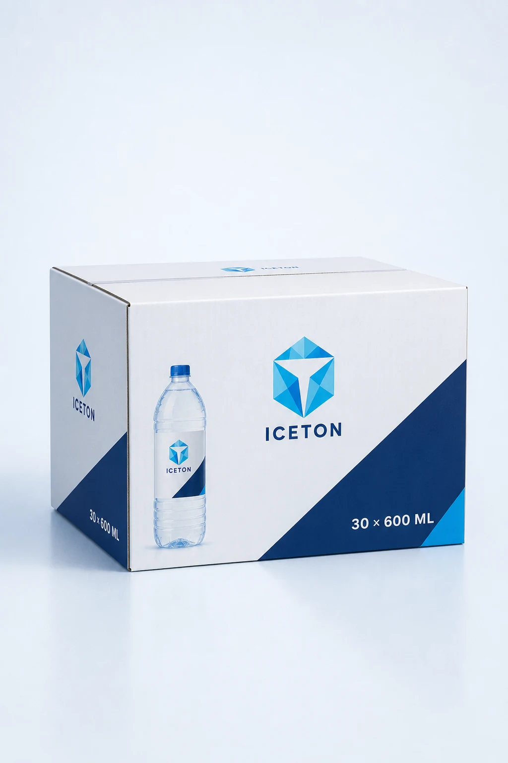 كرتون مياه معدنية 30 × 600 مل — كرتون شحن مموج يحتوي 30 قارورة، سعة كل قارورة 600 مل، مع طباعة ICETON مباشرة على سطح الكرتون.