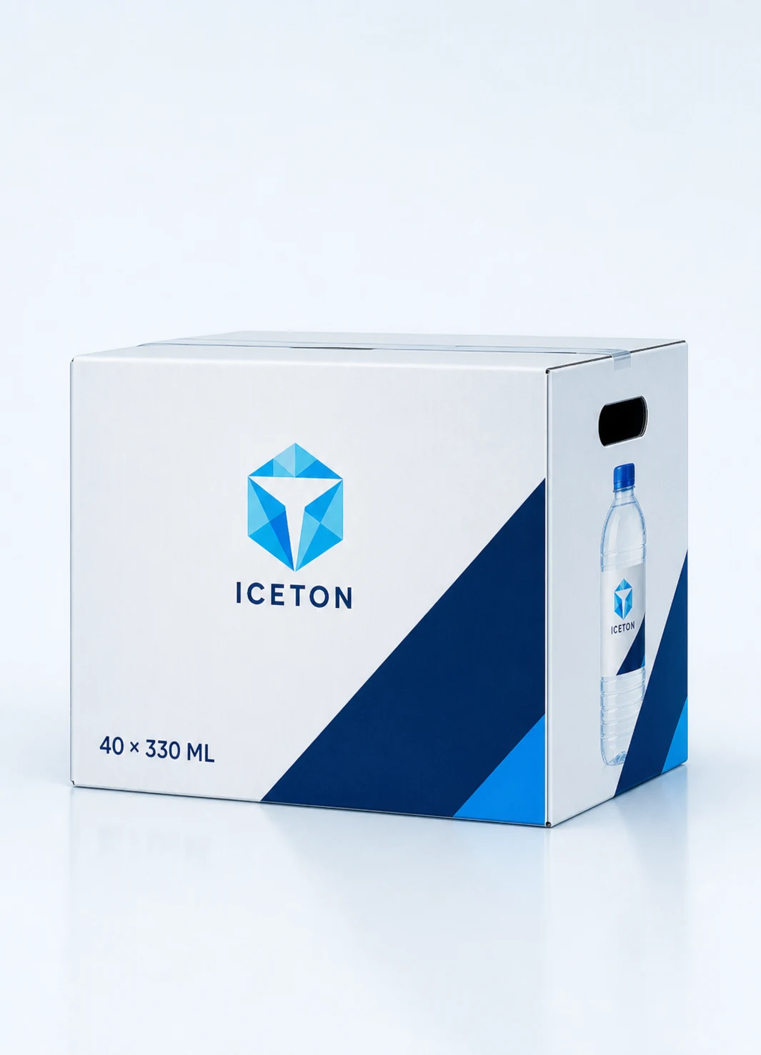 كرتون مياه معدنية 40 × 330 مل — كرتون شحن مموج يحتوي 40 قارورة، سعة كل قارورة 330 مل، مع طباعة ICETON مباشرة على سطح الكرتون.